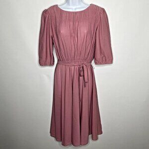 Vintage 70s Sally Lou Dusty Pink Pleat Blouson Belted Secretary Dress